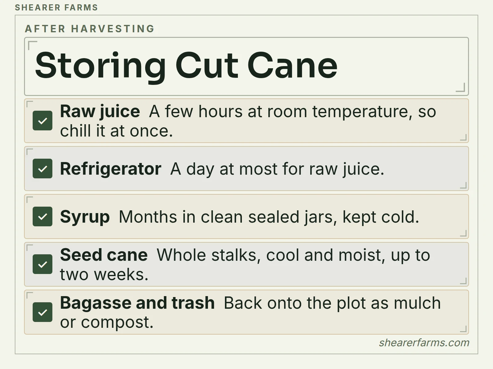 A checklist of five ways to keep sugar cane products after harvesting
