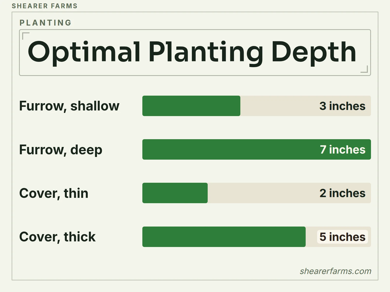 A bar chart in inches of sugar cane planting depth: furrows 3 to 7 inches deep and 2 to 5 inches of soil cover